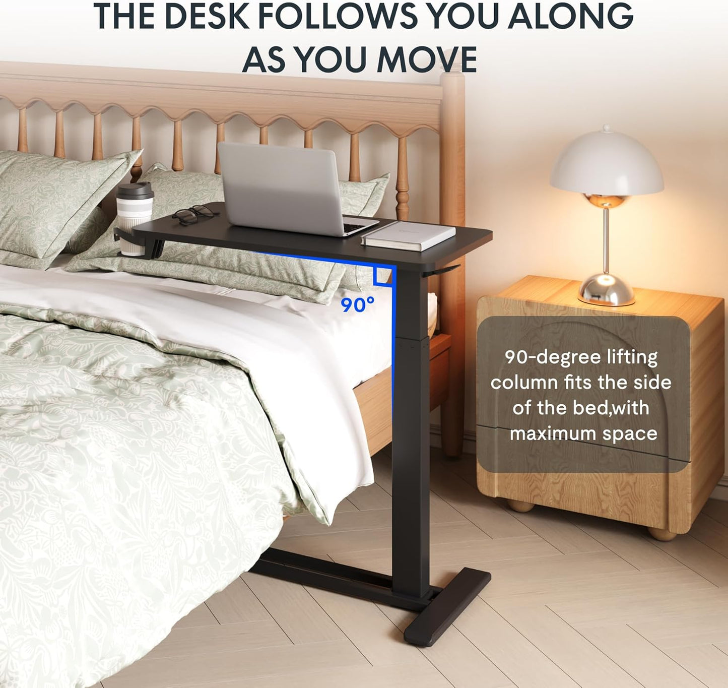 FLEXISPOT H7 Adjustable Overbed Bedside Table with Wheels Pneumatic Mobile Standing Desk Laptop Desk Rolling Computer Cart Movable Overbed Tables Hospital Home Use(27.6" W x 15.7" D, Black Table)