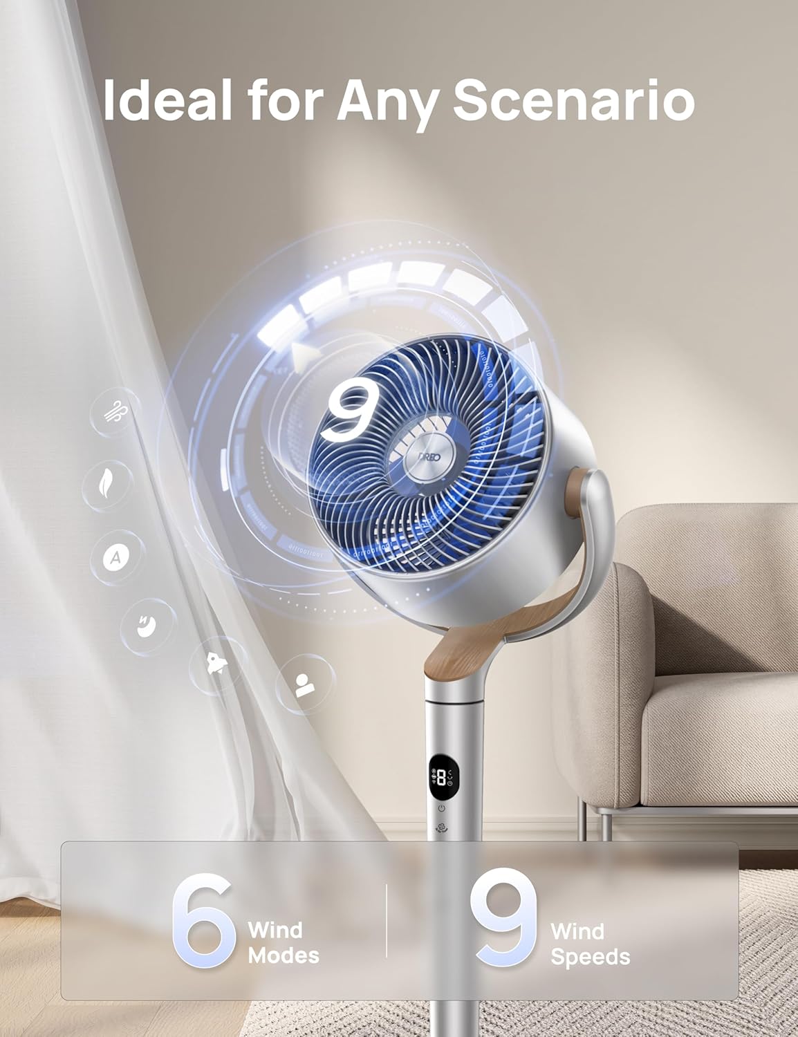 Dreo Smart Fans for Bedroom, 120° +120° Omni-Directional Oscillating Fan, 90ft Quiet Pedestal Fan with RGB Light, 9 Speeds, 6 Modes, 20dB, 8H Timer, Wi-Fi/Voice, 37-42" Floor Fans with Remote, Silver