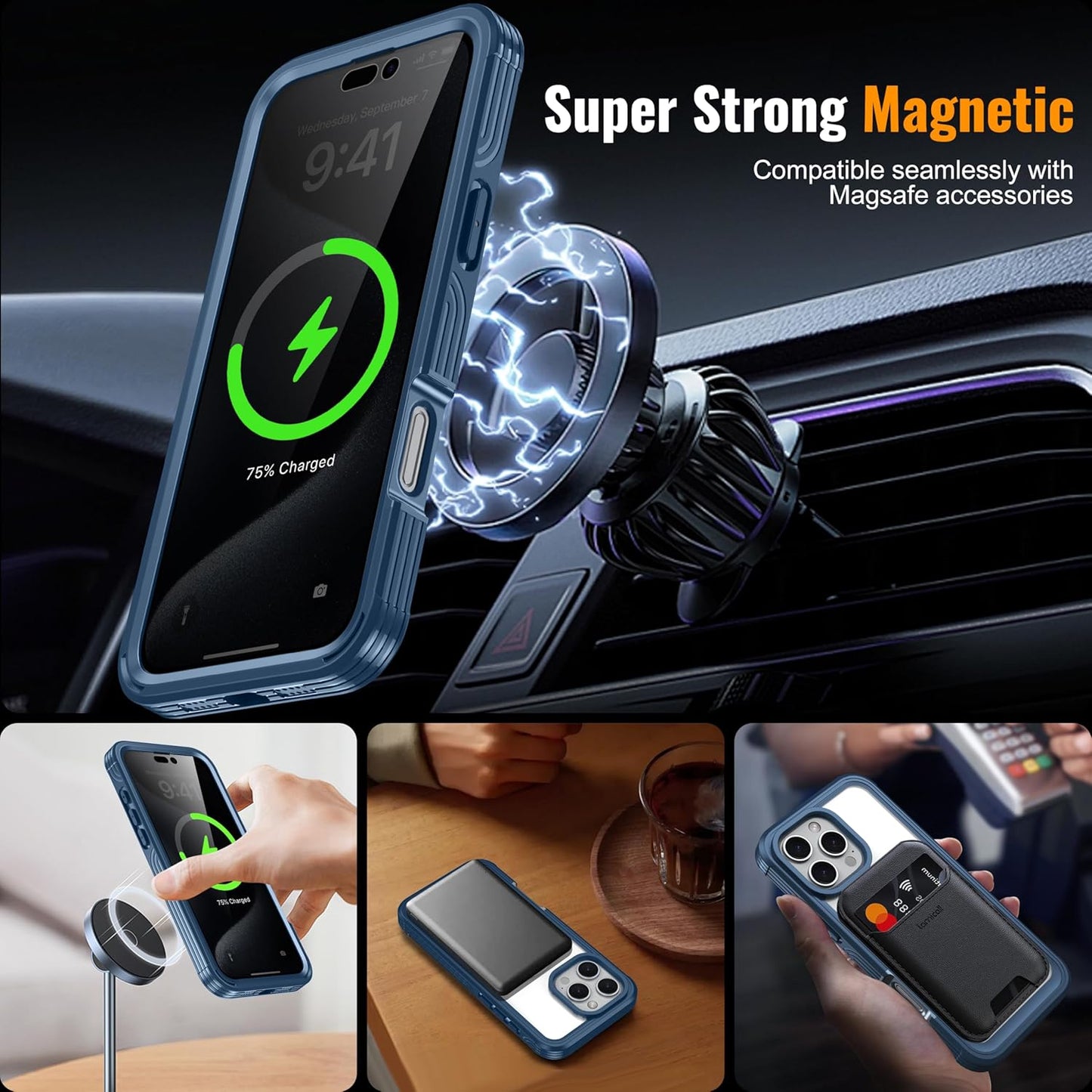 360° Protection Magnetic for iPhone 16 Case Built-in 9H Privacy Screen Protector & Metal Stand[Fit for Magsafe][Anti-Spy][Lens Protector] (Dark Blue, Phone 16 Pro Max)