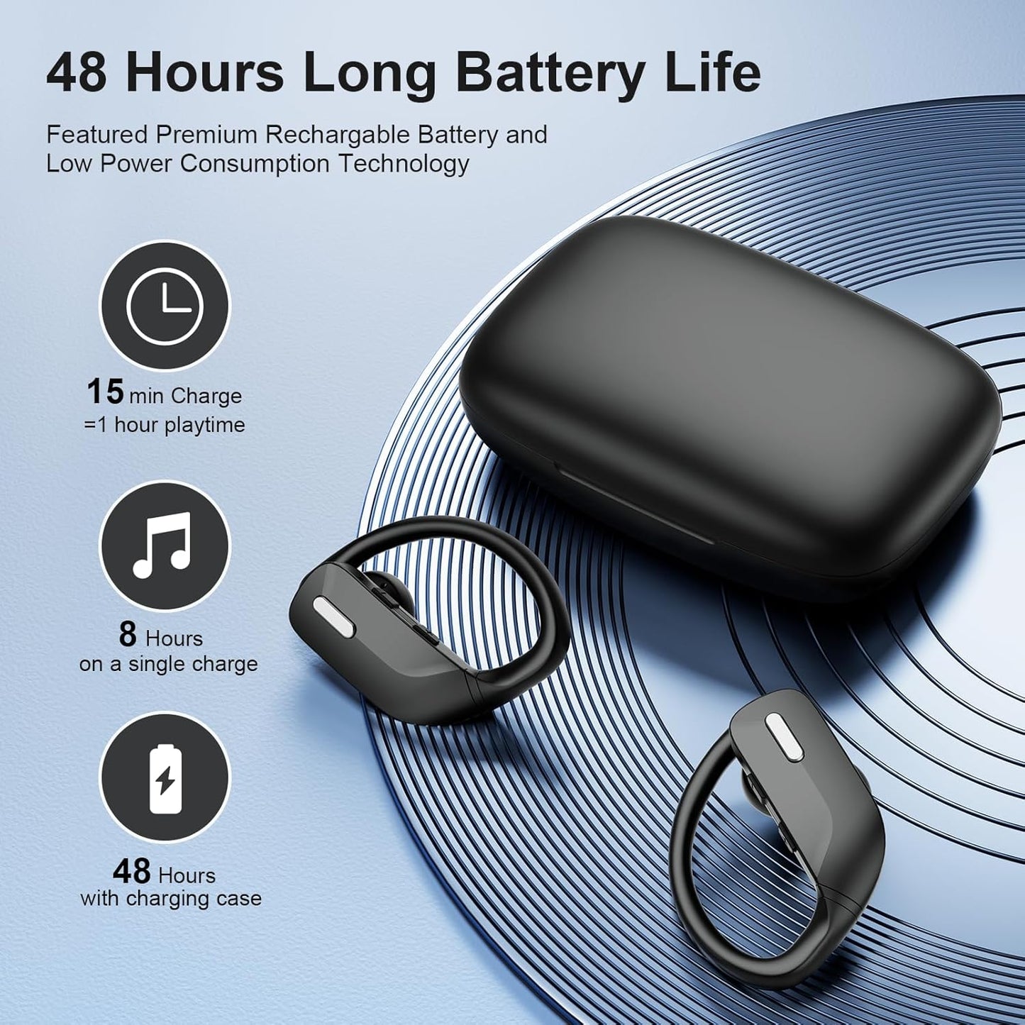 occiam Wireless Earbuds Bluetooth Headphones 48H Play Back Earphones in Ear Waterproof with Microphone LED Display for Sports Running Workout Black