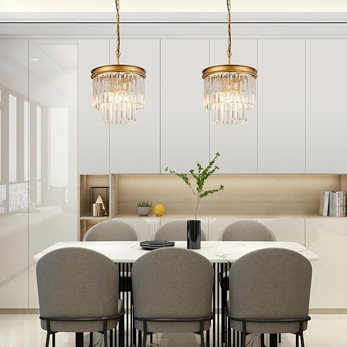 Gold Crystal Pendant Light 11.8" 3-Light Modern Round Chandelier Fixture 2-Tier Luxury Crystal Ceiling Hanging Light for Dining Room Hallway Living Room Bedroom Kitchen Island 1-Pack