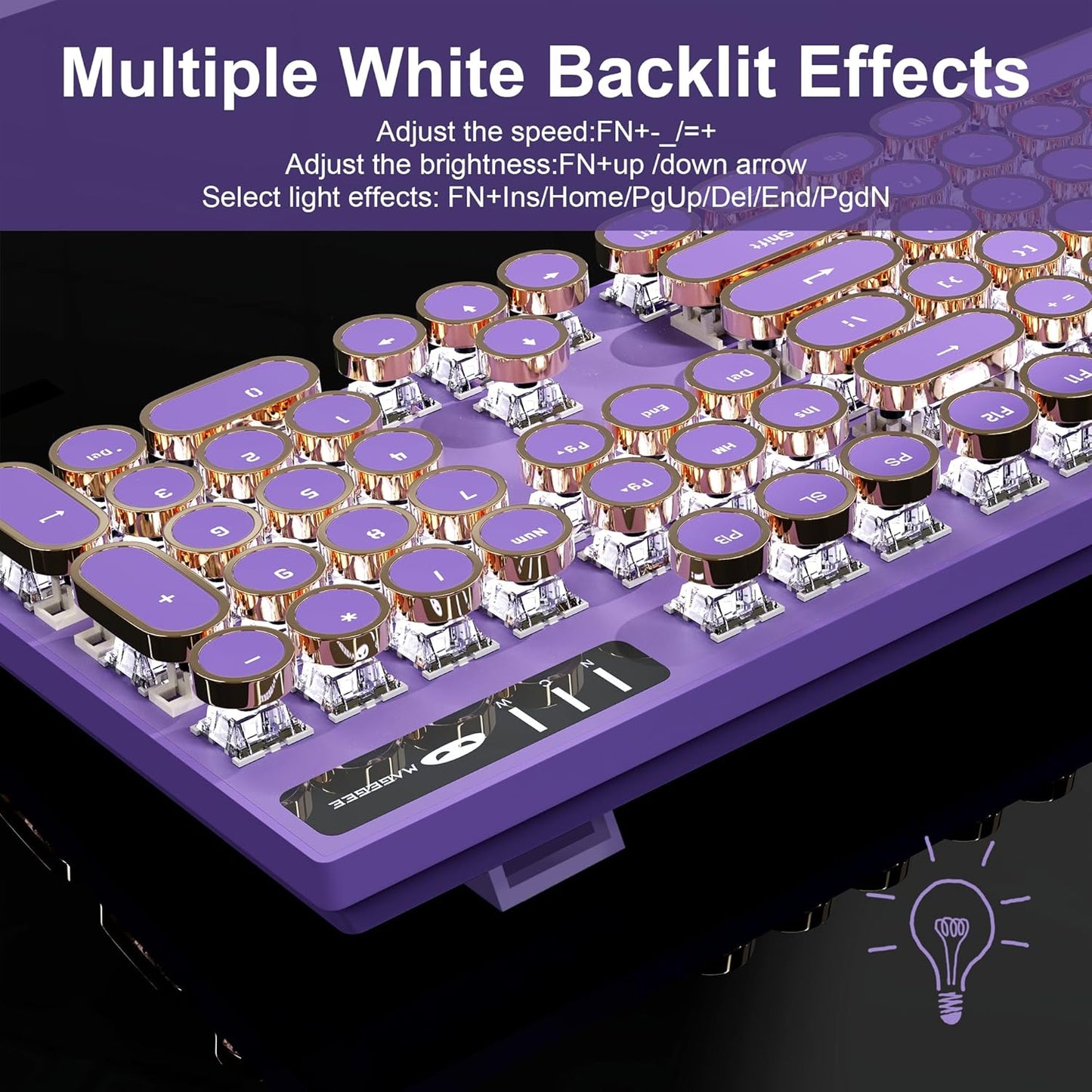 MageGee Typewriter Mechanical Gaming Keyboard, Retro Punk Purple Round Keycaps, 104 Keys LED White Backlit Wired Keyboards for Laptop MAC PC Gamer, with Magnetic Wrist Rest, Blue Switch