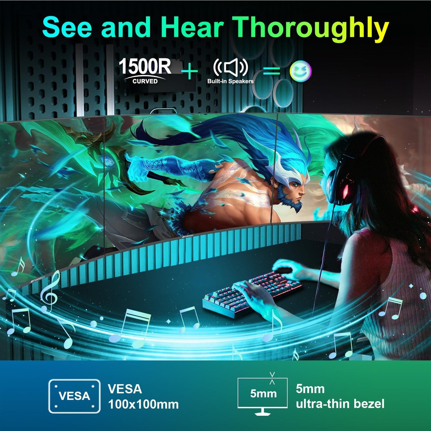 SANSUI Curved Monitor 27 inch 100Hz USB Type-C Computer Monitor with Speakers Built in丨FHD 1080p丨HDR丨110% sRGB丨1500R丨VESA Compatible,for Tablet,Desktop,Laptop and PC Work Gaming