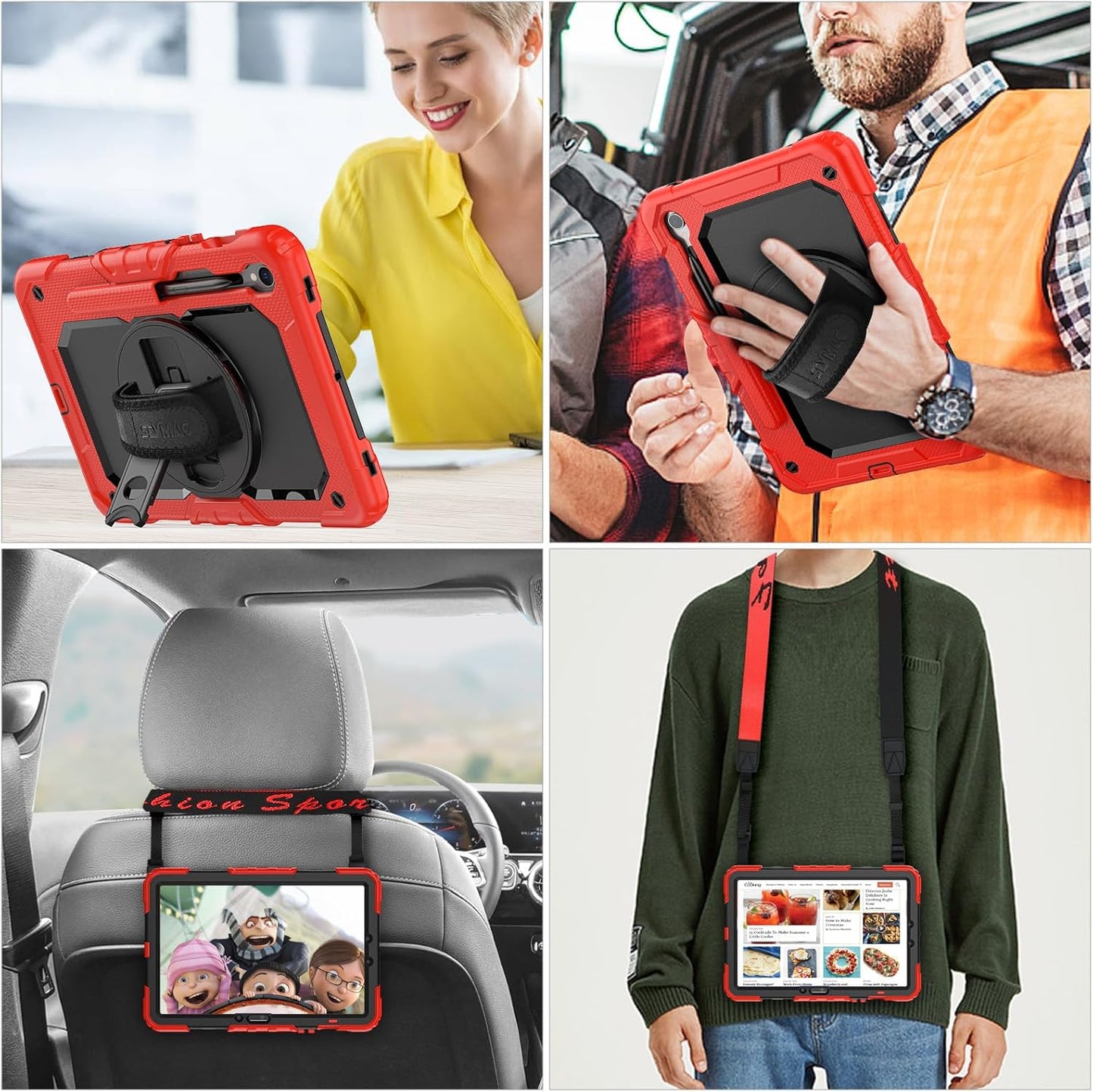 SEYMAC stock Case for Samsung Galaxy Tab S10 FE / S9 / S9 FE 5G Tablet Case Protective with Screen Protector, Pencil Holder, 360 Rotate Stand, Hand Strap, Shoulder Strap, Red