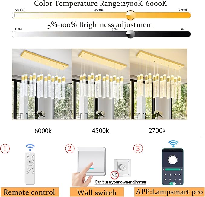 Glam Rectangular Crystal Column Chandelier for High Ceiling 12-Lights Gold LED Dimmable Pendant Light for Kitchen Island Dining Room Entrance Foyer Living Room Adjustable Height