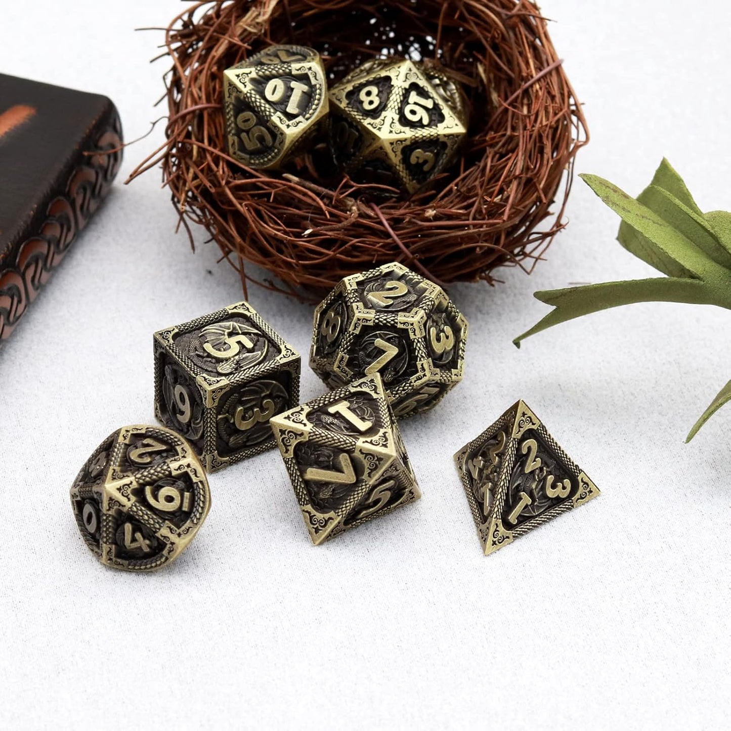 PJOY D&D Dice Set Dragon Metal DND Dice Set Antique Bronze with Case for RPG Role Playing Games Compatible with Dungeons and Dragons Gift TTRPG