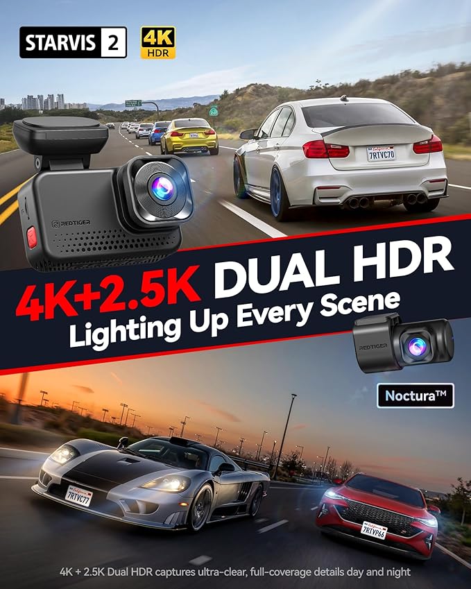 REDTIGER ViewClear 70 4K+2.5K Dash Cam Front and Rear, 8MP STARVIS 2 IMX678 x Noctura™ Sensor, Dual HDR Hyper Night Clarity, 5.8GHz WiFi 6, 30MB/S Fast Download, Dash Camera with 24H Parking Monitor