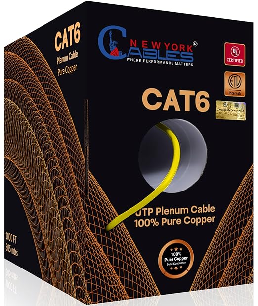 NewYork Cables | CAT6 Plenum Cable 1000ft UL/ETL Listed, 100% Pure Copper, UTP, 550MHz, 23AWG, 4Pair 10GB Ethernet Cable | Certified CMP-Rated Fire-Resistant (1000ft, Pure Copper UL Listed, Yellow)