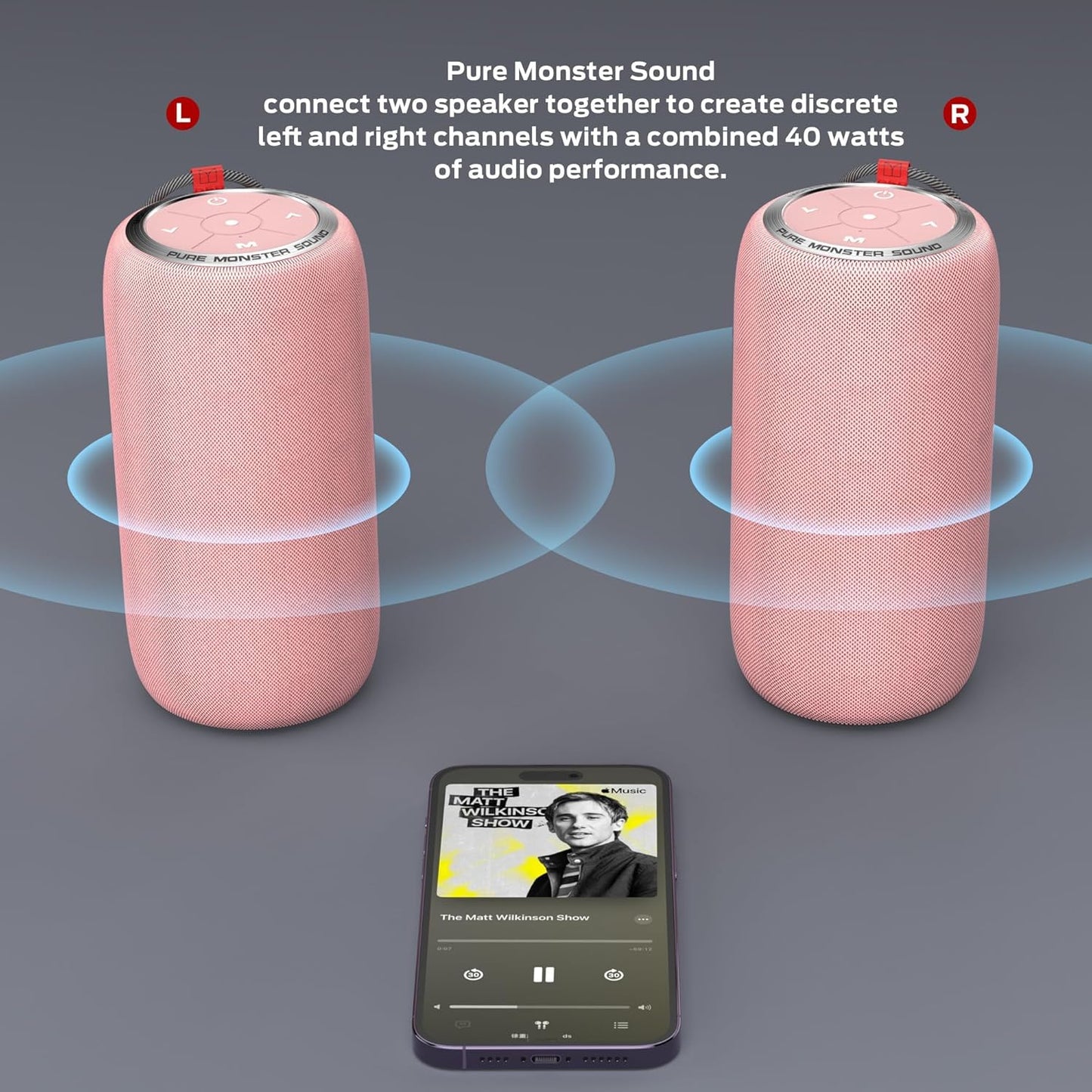 Monster S310 Upgraded Bluetooth Speaker, Portable Speaker, 30W True Wireless Stereo Pairing Deliver Dynamic Sound, IPX6 Waterproof, Bluetooth 5.2 Built-in Mic, 24H, for Family Outdoor Pink