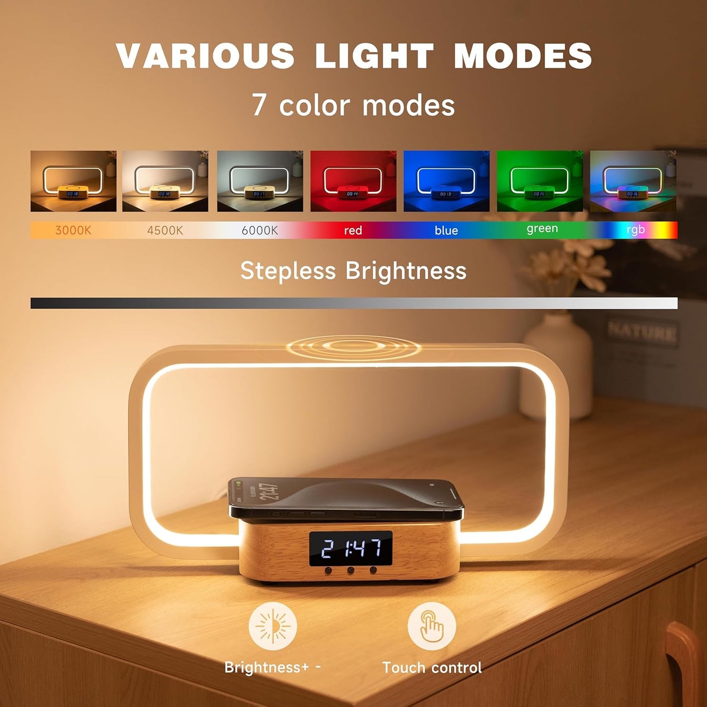 Bedside Lamp with Wireless Charger & USB Port – Touch Control Nightstand Table Lamps, RGB Color Changing, Stepless dimming, 7 Color, Modern LED Desk Lamp with Clock for Bedroom, Gifts for Women, Men