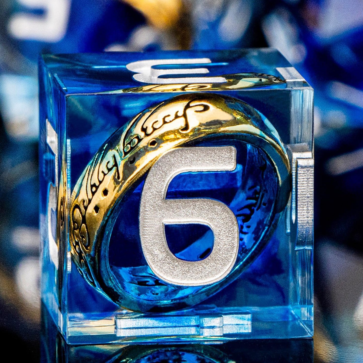 Magic Golden Ring DND Dice Set with Dice Box, Blue Resin Sharp Edge D and D Dice for use with D&D Tabletop Games Handmade Lord Polyhedral Dice Set D20 D12 D10 D8 D6 D4