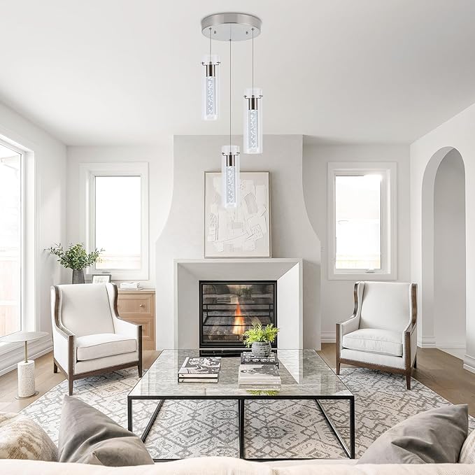 Pendant Light Kitchen Island with Remote Control, Dimmable & Adjustable Color Temperature 3000K/4000K/6000K, Modern Brushed Nickel & Clear Glass Lighting Fixture for Dining Room