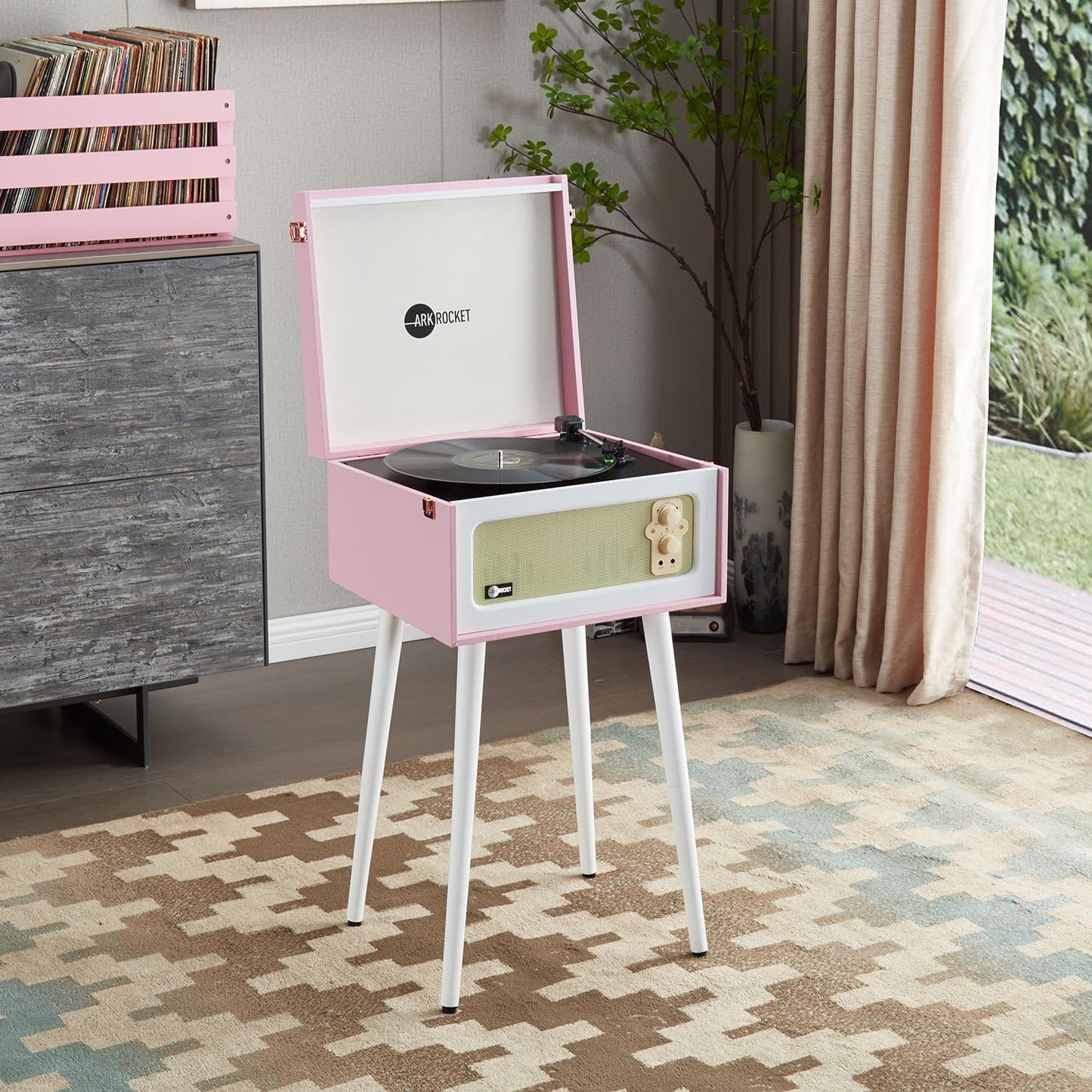 Arkrocket Discovery II 3-Speed Bluetooth Record Player Retro Console Turntable with Built-in Speakers and Removable Legs (Pink/White)