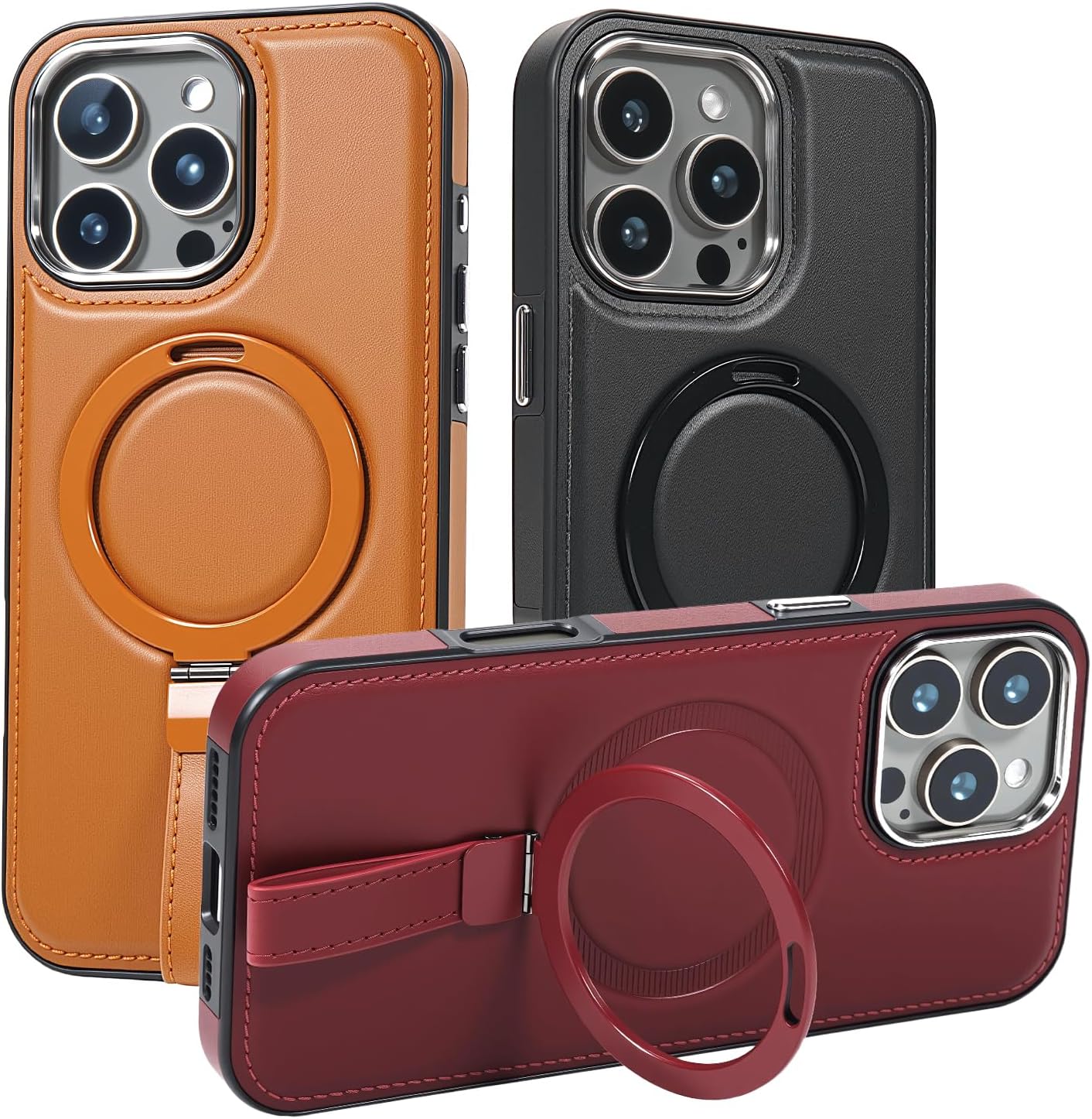 Leather Case, Suitable for iPhone 16 Pro Case, Invisible Magnetic Design, Equipped with a Lanyard and Foldable Stand, Black, Yellow and red (Black, iPhone 16 Pro)