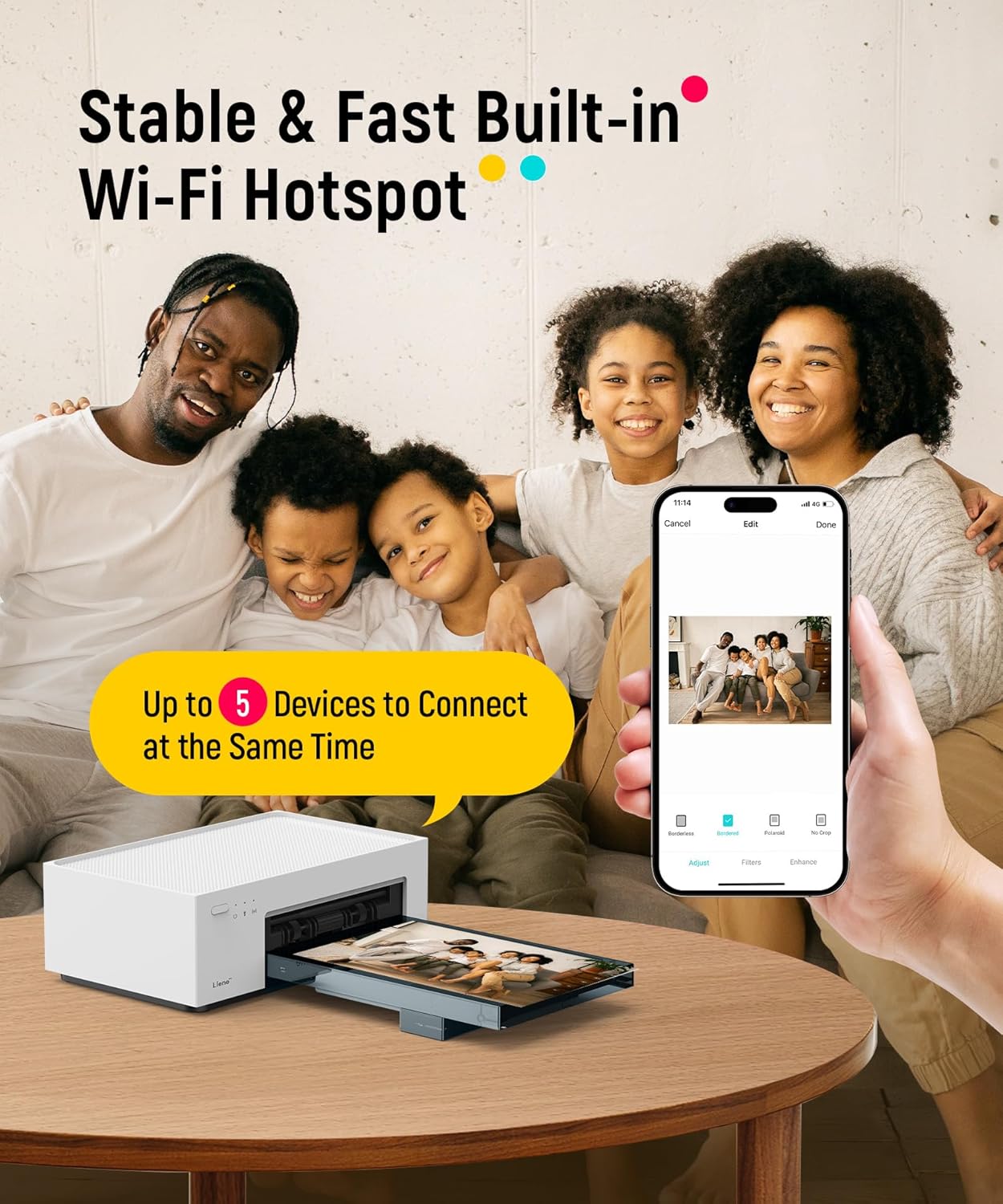 Liene 4x6'' Photo Printer, Wi-Fi Picture Printer, 20 Sheets, Full-Color Photo, Instant Phone Printer for iPhone, Android, Smartphone, Thermal dye Sublimation, Portable Photo Printer for Home Use