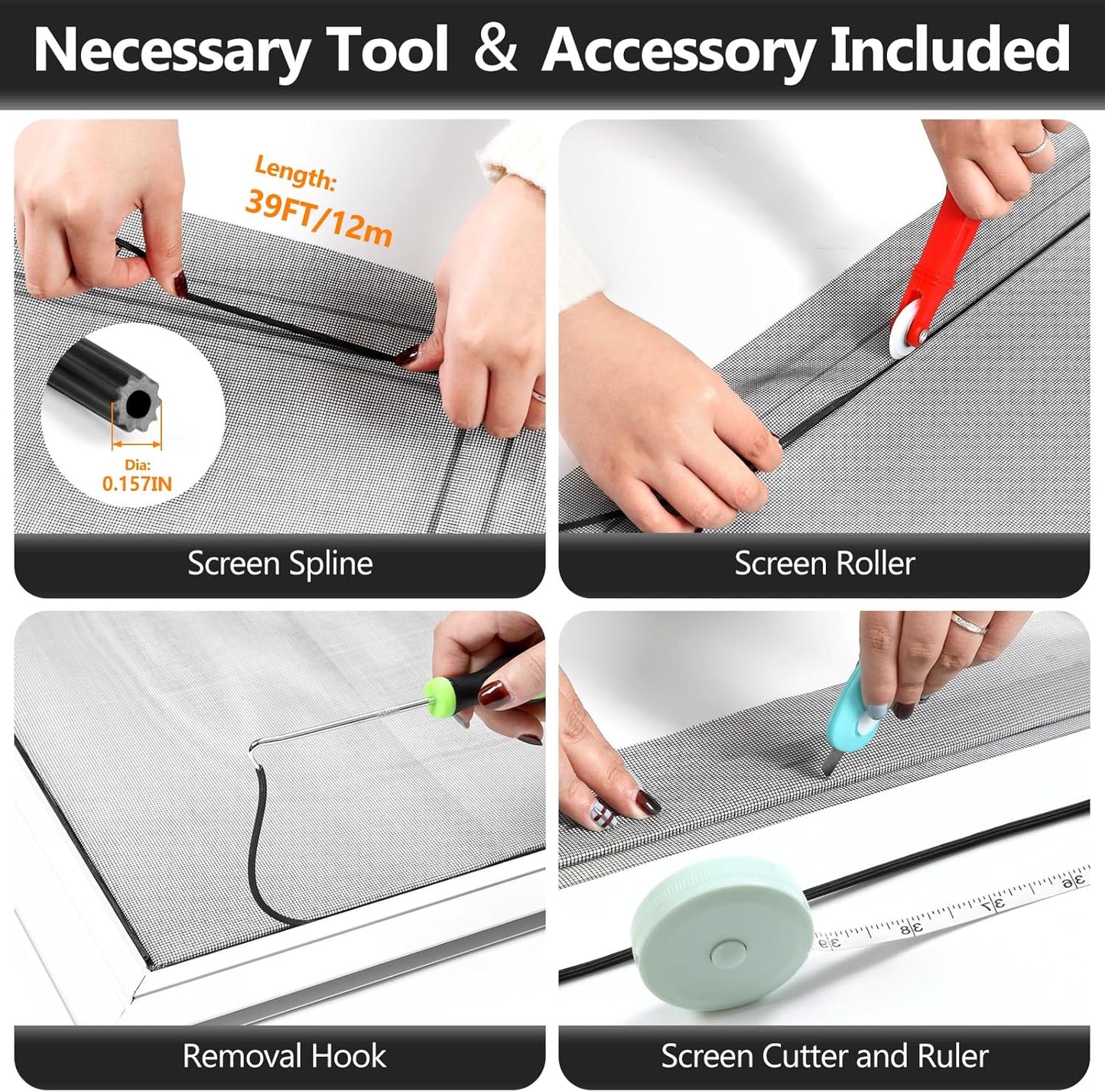 Window Screen Door Repair Kit, 48" x 177" Screen Door Mesh Replacement Kit, Durable Fiberglass Mesh Roll with Tools for Windows Doors Patio and Porch Replacement, Black