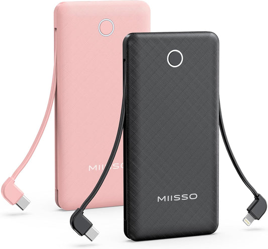 10000mAh Slim Portable Charger with Built in Cable, Power Bank Travel Charger External Battery Pack for Phone, 4 Output USB Type C Cord Clutch Charger Compatible with iPhone, 2 Pack Black & Pink
