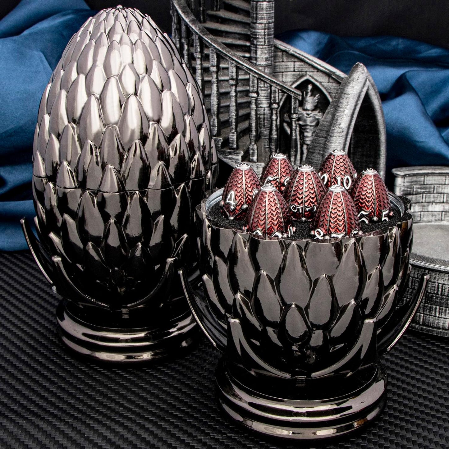 ARUOHHA DND Metal Dice Black Red Dragon Egg Dice with Rotating Dragon Egg Shell, Role Playing Game RPG Polyhedral D and D Dice Set D20 D12 D10 D8 D6 D4