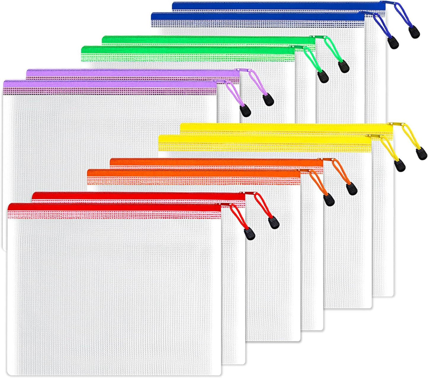 SUNEE Plastic Mesh Zipper Pouch 10x14 in (6 Colors, 12 Packs),Extra Large Water-Resistant Zip Bag for School Office Supplies, Puzzles & Games Organizing Storage