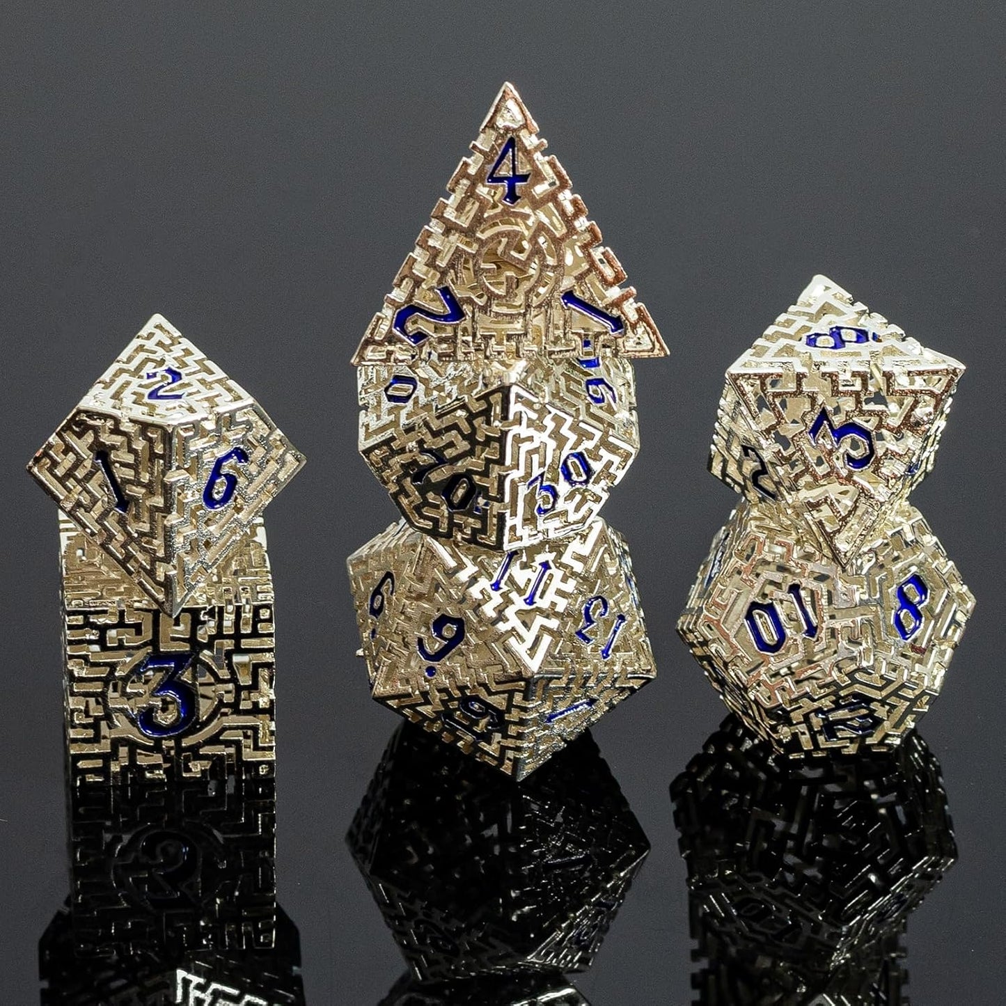 Silver Metal Hollow DND Dice Set (Cleric) Metallic Luster Maze Design with Storage Box - Balanced Weight 7 Piece Zinc Alloy, Designed for Dungeons and Dragons DM and Player RPG Accessories