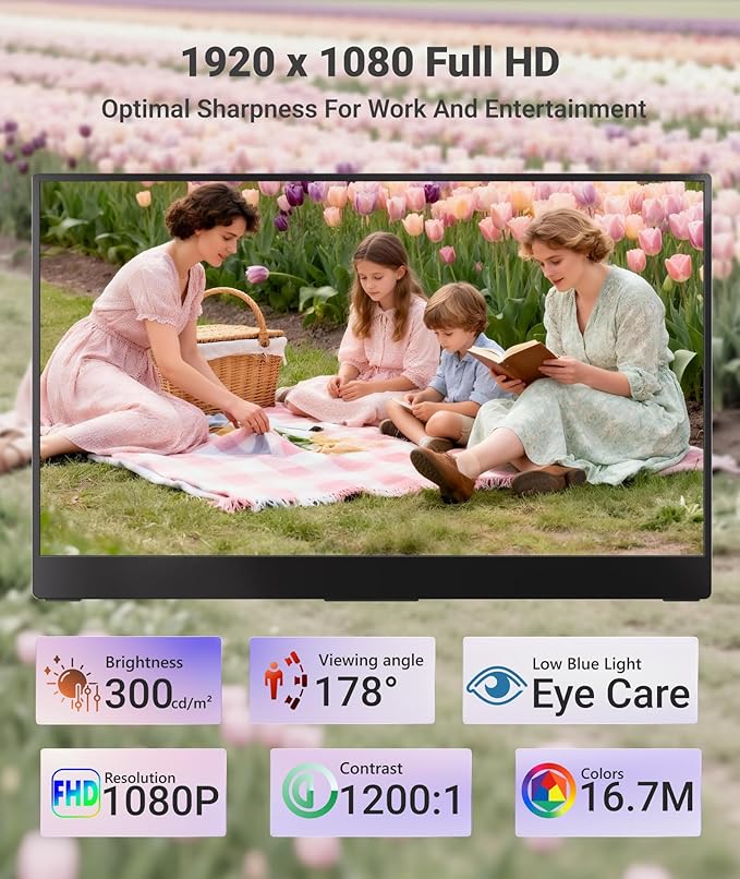 Ingnok Portable Monitor, 15.6inch FHD 1080P Travel Monitor, Ultra-Thin, USB-C Plug&Play, Built-in Speakers, Portable Screen for Laptop, Mac, Switch/PS5, Travel&Office Assistant