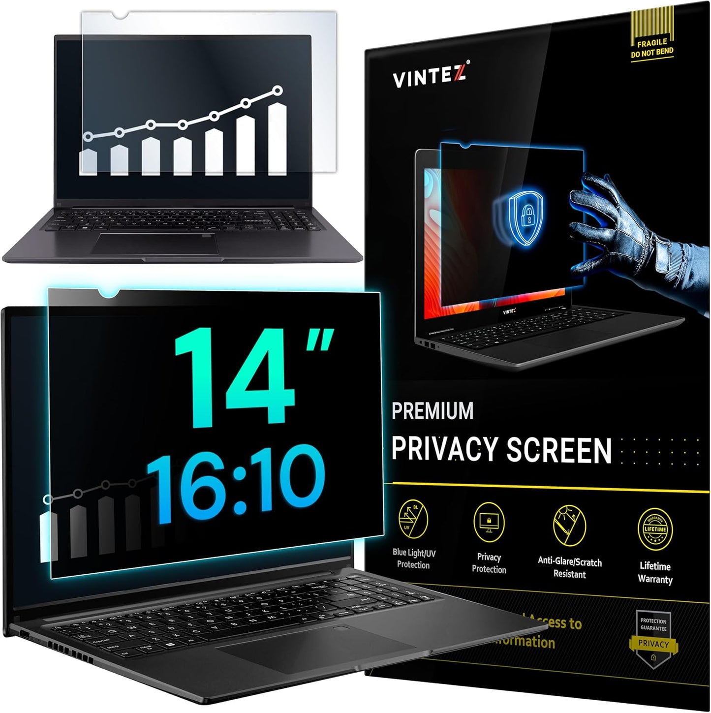 VINTEZ 14 Inch 16:10 Privacy Screen for Computer Monitor and Laptop - Anti Glare Protector Film Blue Light Filter Eye Protection - Computer Screen Privacy Shield, [1 Pack]