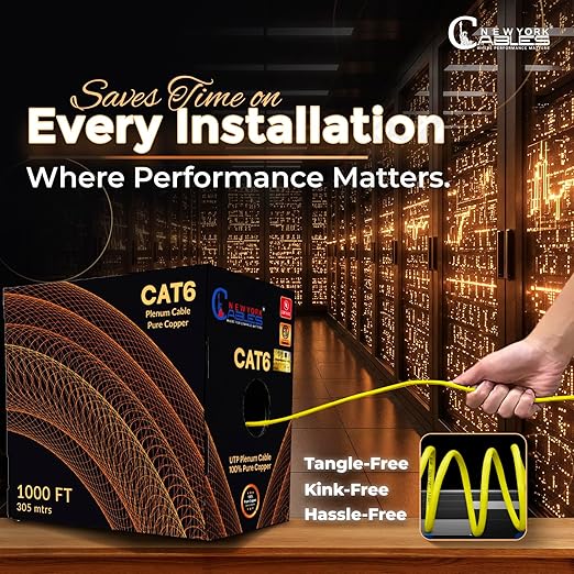 NewYork Cables | CAT6 Plenum Cable 1000ft UL/ETL Listed, 100% Pure Copper, UTP, 550MHz, 23AWG, 4Pair 10GB Ethernet Cable | Certified CMP-Rated Fire-Resistant (1000ft, Pure Copper UL Listed, Yellow)