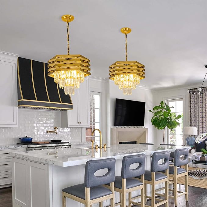 5-Light Gold Crystal Pendant Light 15.75" Modern Crystal Chandelier 3-Tier Luxury K9 Hanging Lighting Fixtures for Dining Room Hallway Living Room Bedroom Foyer Entryway Kitchen Island