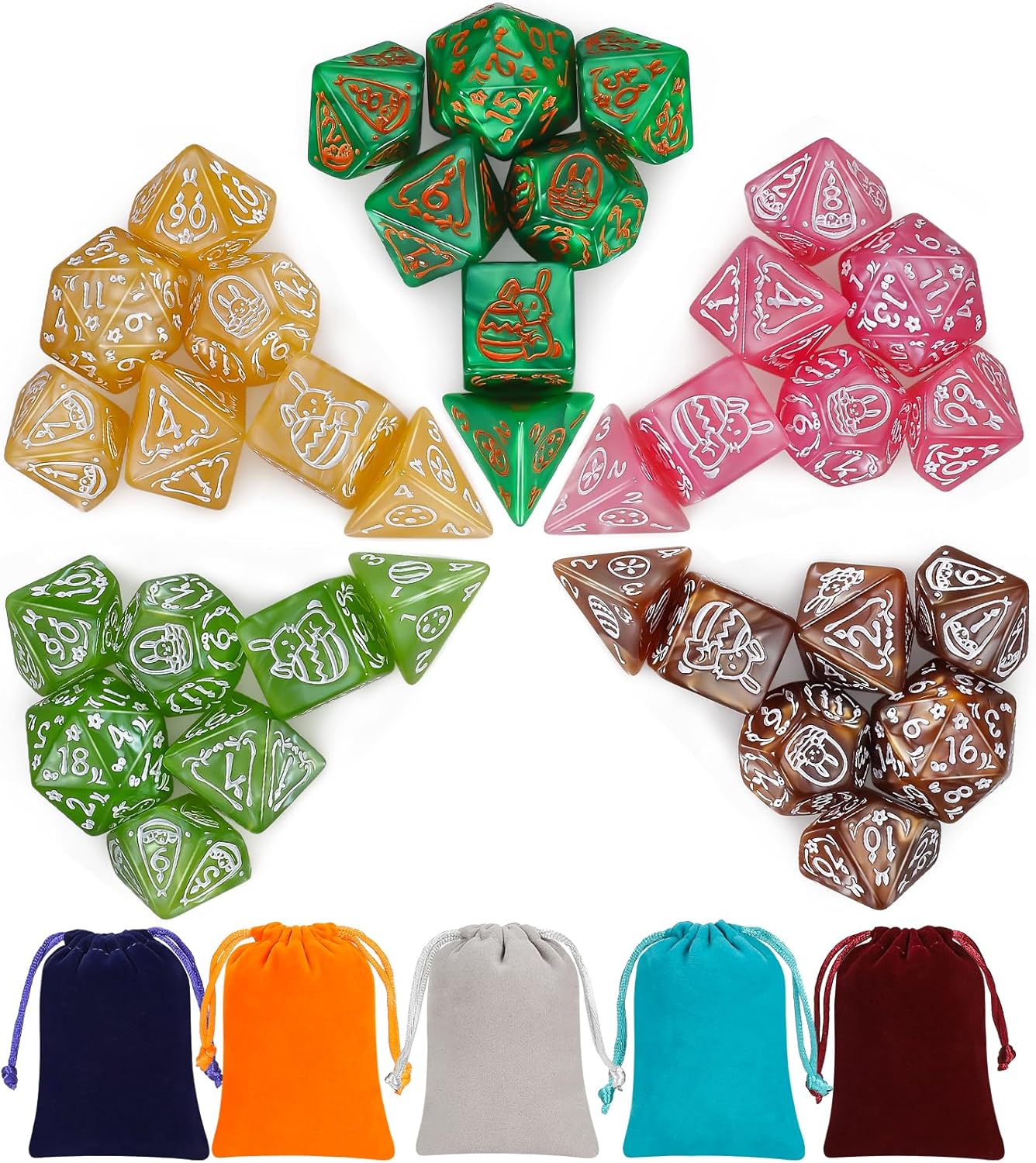 CiaraQ Polyhedral Dice Set, 5 Colors with 5 Decorative Pouches, 7 Pieces per Set, Fantasy RPG Gaming Dice/DND Dice/Role Playing Dice, Easter Themed