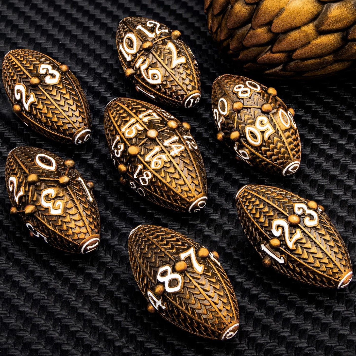 ARUOHHA DND Metal Dice Antique Gold Dragon Egg Dice with Metal Box, Role Playing Game RPG Polyhedral D and D Dice Set D20 D12 D10 D8 D6 D4