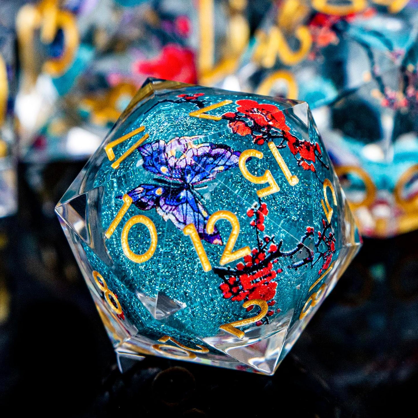 Butterfly DND Dice Blue Liquid Core Dice Set with Metal Box, Handmade Sharp Edge D and D Polyhedral Dice for use with D&D Role Playing Game, D20 D12 D10 D8 D6