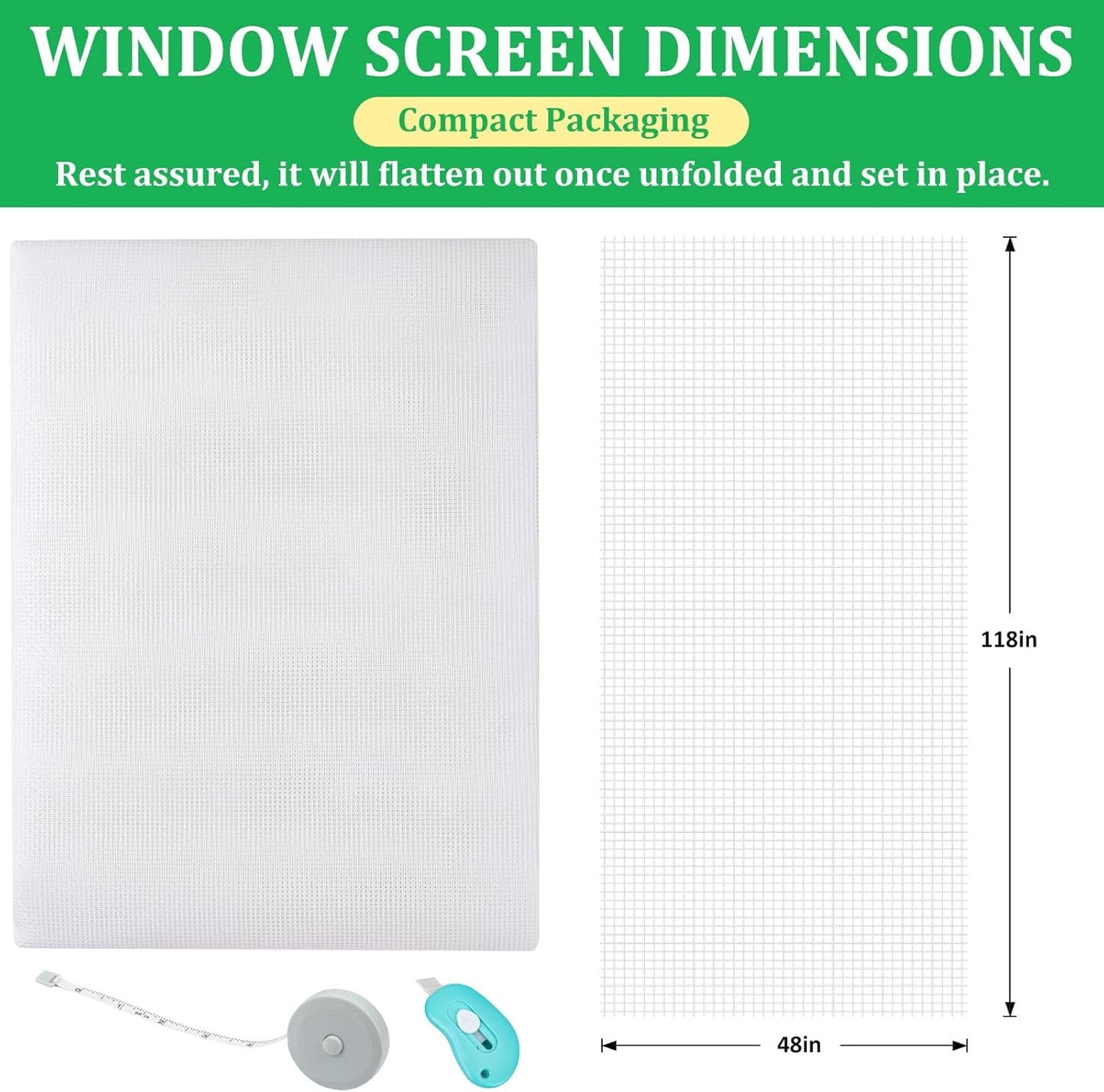 Windows Screen Replacement and Screen Door Repair Kit, 6Pcs Window Screen Fiberglass Mesh Kit - Window Screen & Screen Door Mesh & Screen Porch Repair Kit (Gray, 48" x 118")