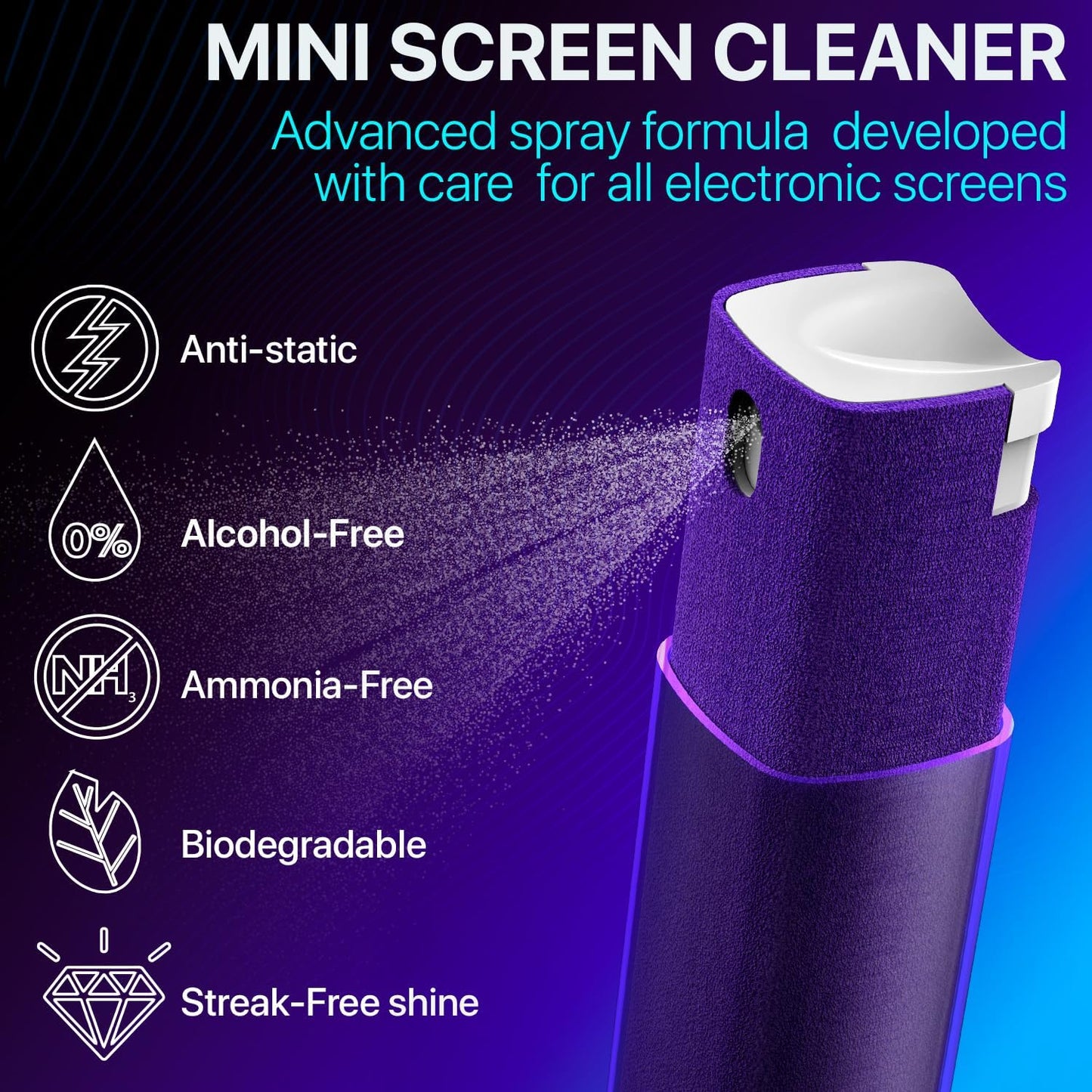 Mini Screen Cleaner Spray – Finger Proof Screen Cleaner for Smartphones, iPads, MacBooks, Laptops, Car Screens, Touchscreens – 3 in1 Mist Cleaner, Microfiber Cloth and Protective Cover (Blue)