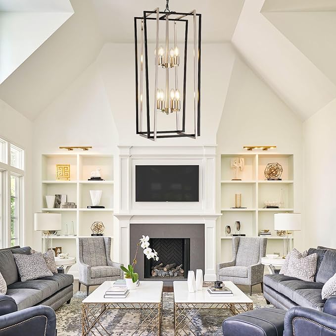 WJShome 8-Light Modern Chandelier, Farmhouse Foyer Lighting Fixtures, Chandeliers for High Ceilings, Black and Silver Lantern Pendant Light Fixtures, for Staircase, Entryway Hallway