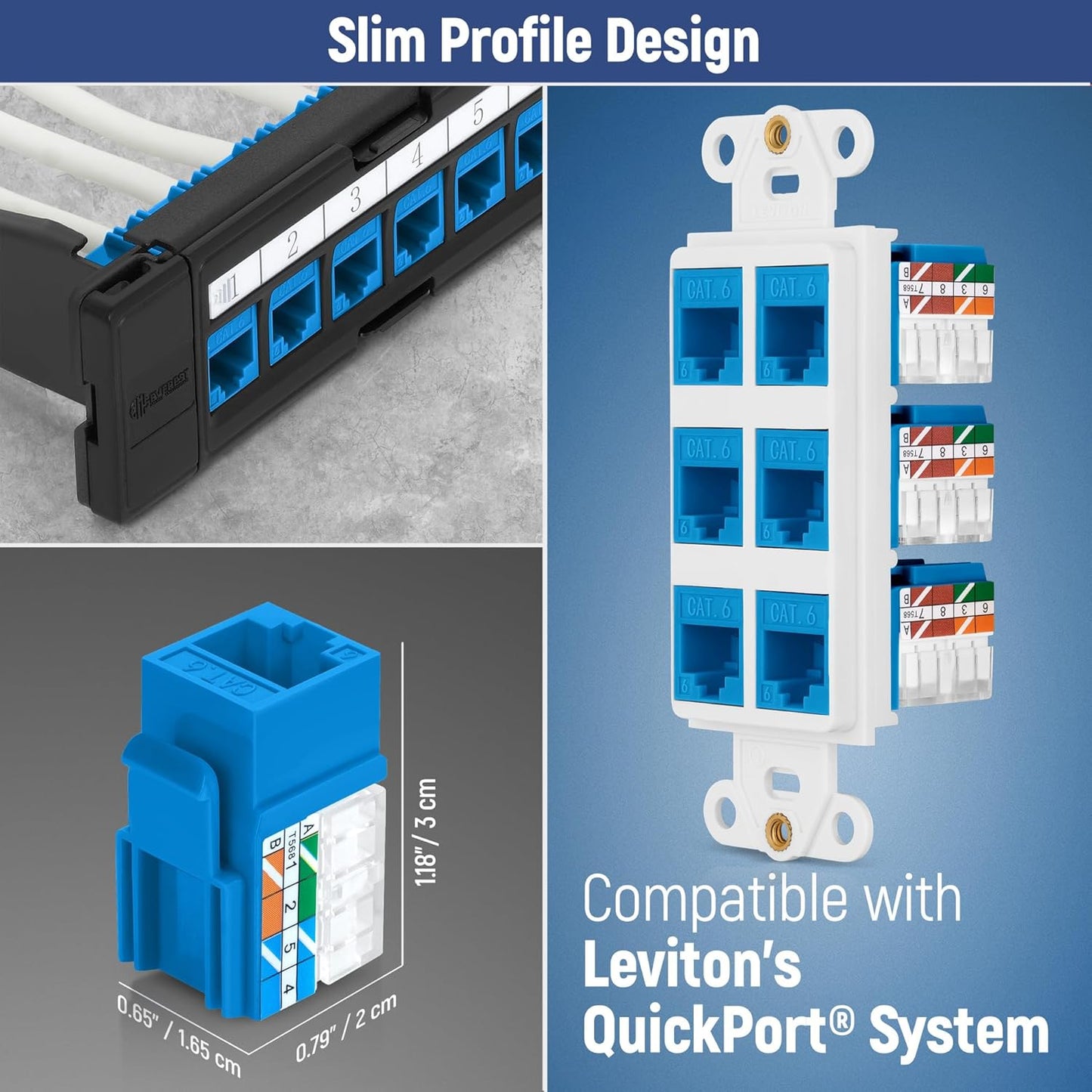 Everest 90° Angled RJ45 Cat6 Keystone Jacks 50-Pack in Blue - Slim Profile Female RJ45 Connectors - Cat 6 Keystone Jack - Compatible with 90° Angled Speed Termination Tool - easyJACK (B094WB91H3)