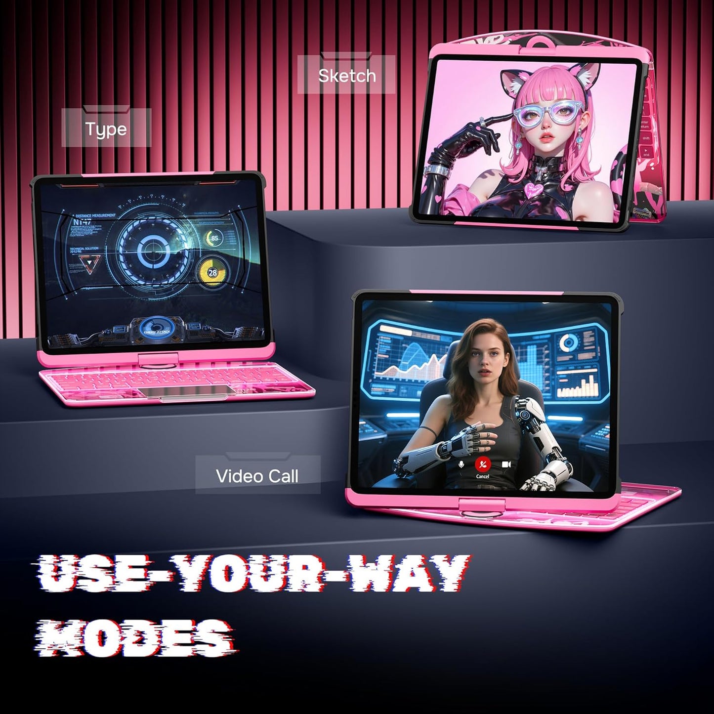 KITONE Transparent Case with Wireless Keyboard for iPad 10.2-in (7th, 8th, and 9th Gen), 7 Colors Backlight, Trackpad, 360°Rotating Stand, Tech Style