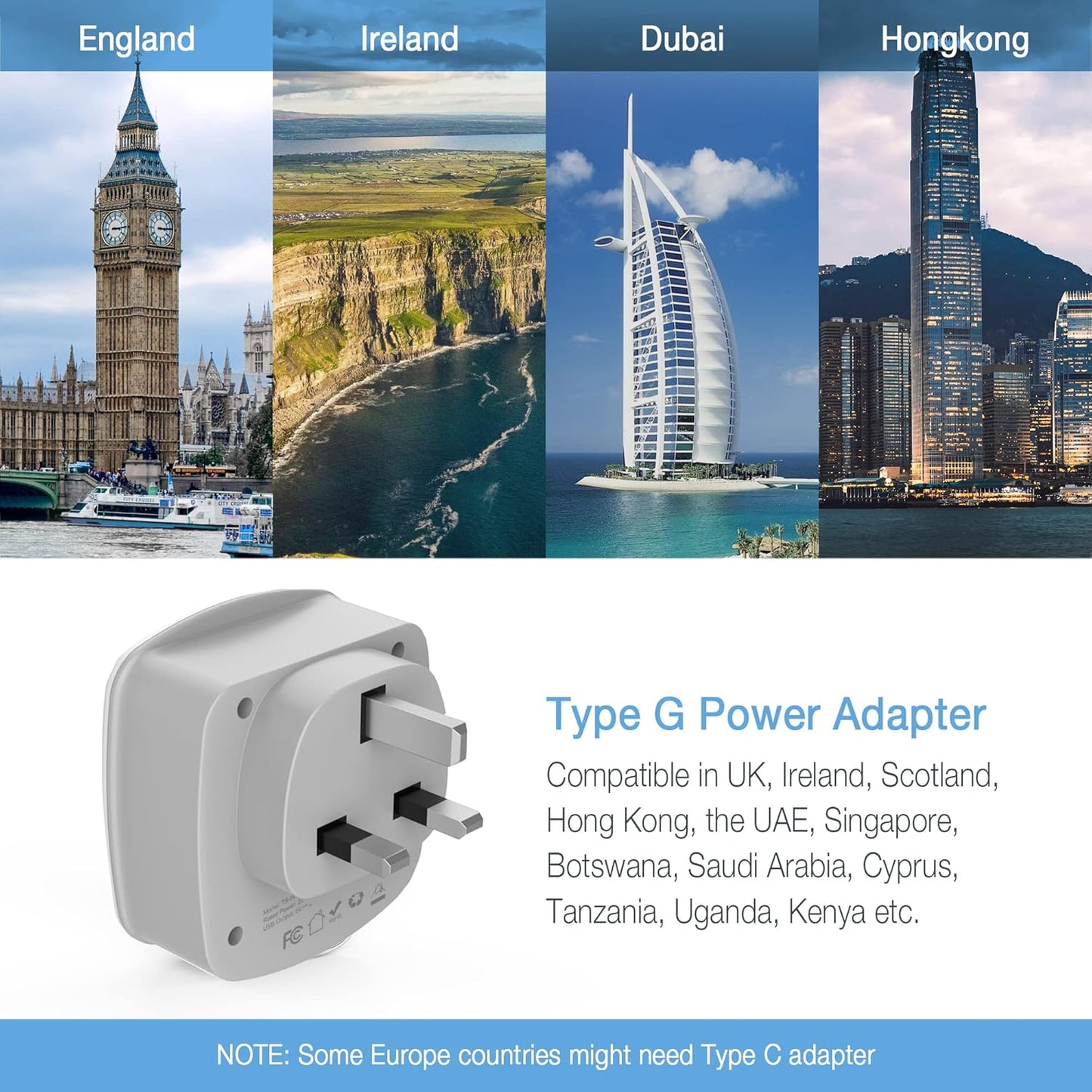 UK Ireland Travel Plug Adapter, TESSAN Type G Power Adaptor with 2 USB Charger Ports 2 American Outlets, US to Scotland London England British Irish Kenya Dubai Qatar