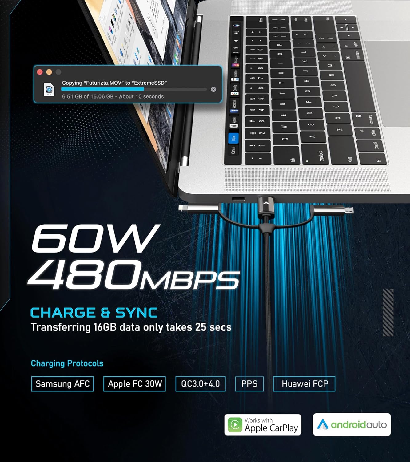 Futurizta Tech [Upgraded] Zeus-X 6-in-1 Universal Multi Cable (0.65ft/0.2m) Fast Charging 60W Laptop PD, QC3.0 & 27W Fast Charging & Data Sync, Military Grade Braided with Cable Organizer Strap