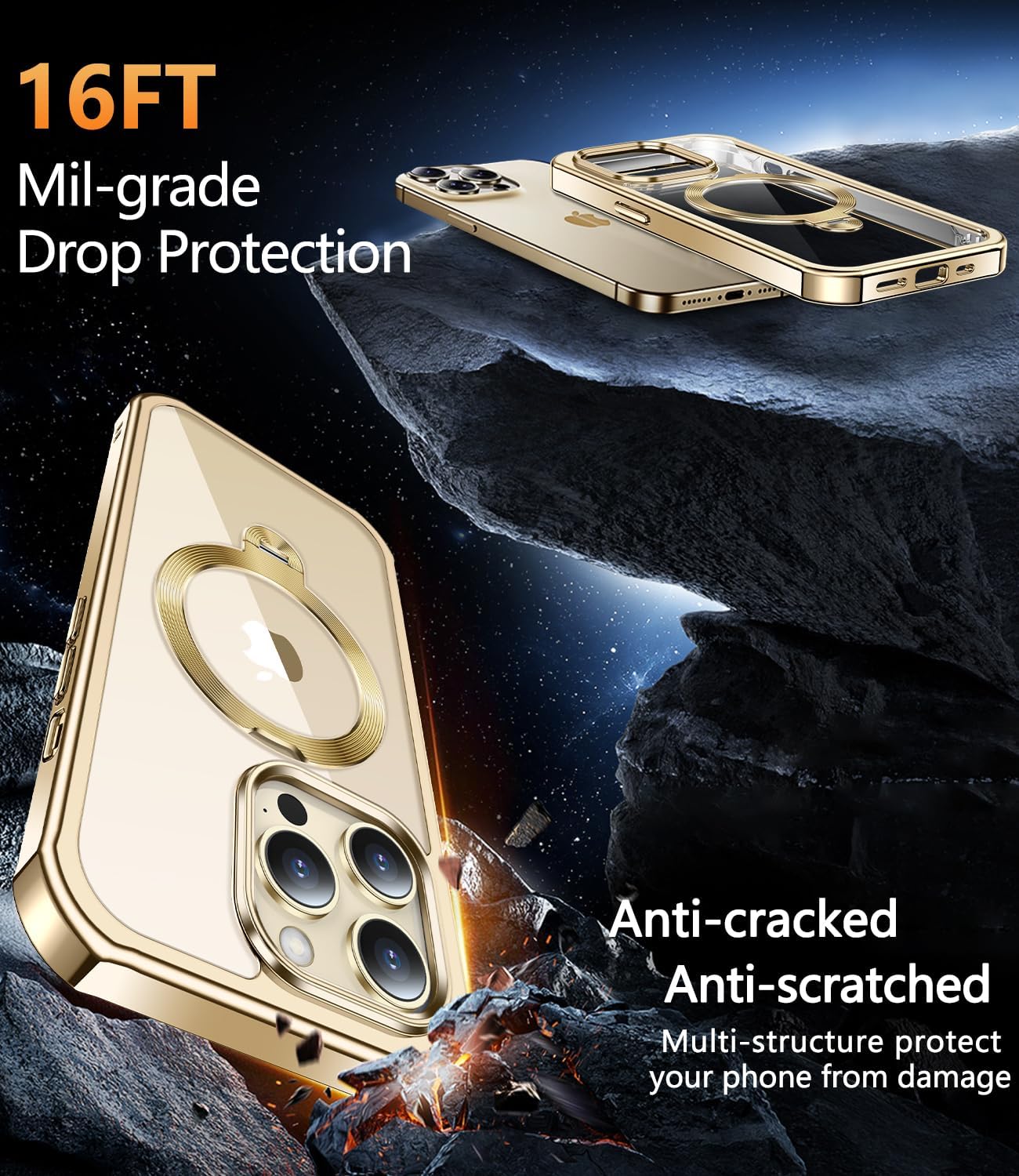 [360° Rotatable CD Stand & Built-in Privacy Screen Magnetic Case for iPhone 13 Pro [Compatible with MagSafe & Full Signal] Mil-Grade Shockproof Full Body Anti-Spy Cover for 13 Pro-Gold