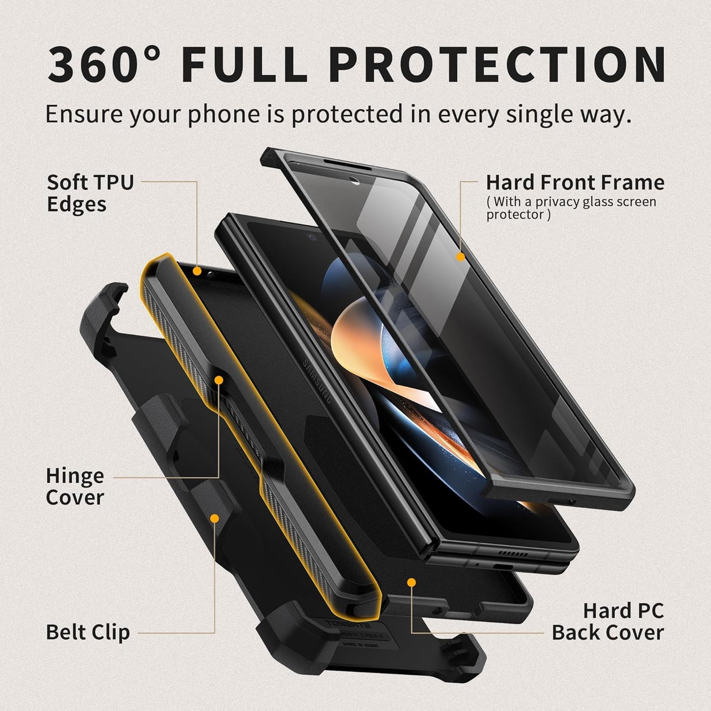TONGATE for Z Fold 5 Case with Ring Stand, Built-in S Pen Holder & Glass Screen Protector Shockproof Rugged Z5 Phone Case with Slide Camera Cover& Belt Clip for Samsung Galaxy Z Fold 5, Privacy Black