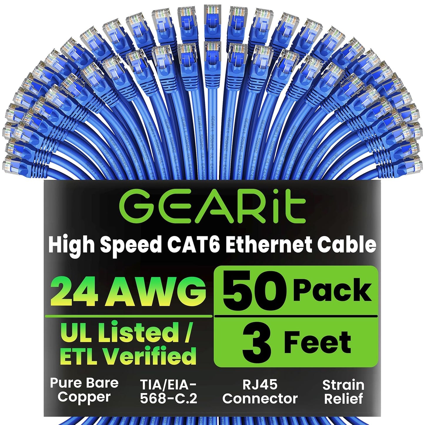 GEARit Cat 6 Ethernet Cable Pack - 50-Pack 3 ft Cat6 Ethernet Patch Cables | RJ45 Network Patch Cable, 10 Gbps Snagless Gold-Plated Connectors - Ethernet Cable Cat 6 for PC, TV, Router - Blue