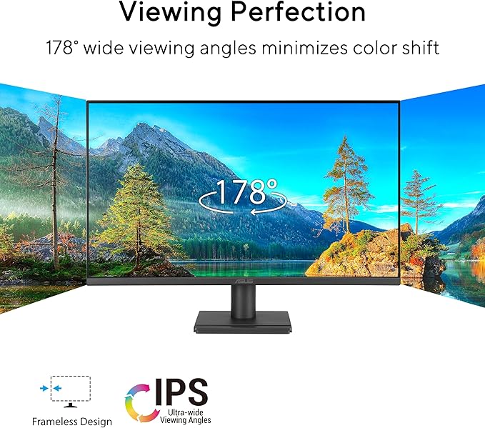 ASUS 27” Eye Care Monitor (VA279QG) – IPS, Full HD, 99% sRGB, Frameless, 120Hz, Adaptive-Sync, 1ms, Speakers, HDMI, DisplayPort, VGA, Low Blue Light, Flicker Free, Wall Mountable, 3 yr Warranty