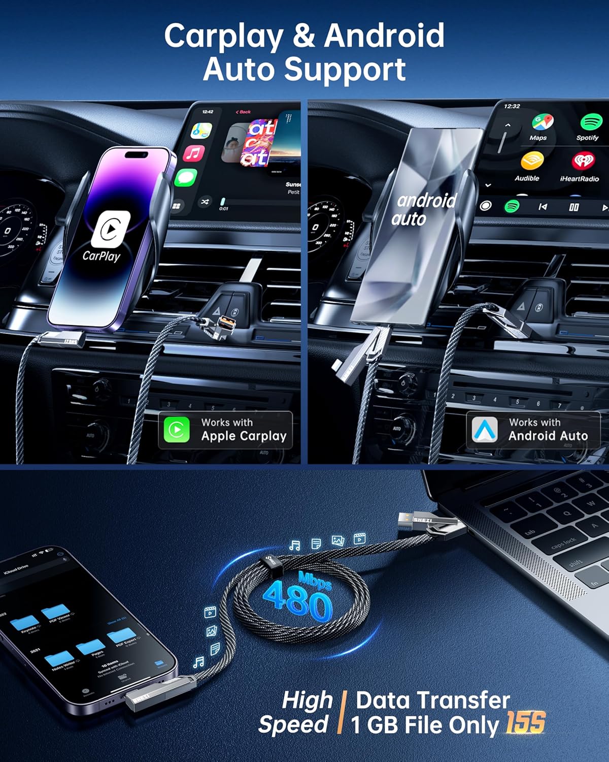 4-in-1 USB C Cable 3FT Compatible with Lightning Cable 90 Degree Fast Charging Flat Nylon Braided for iPhone/iPad Charger Cord Multi Charge Cord with L/USB C/USB A Ports, Grey