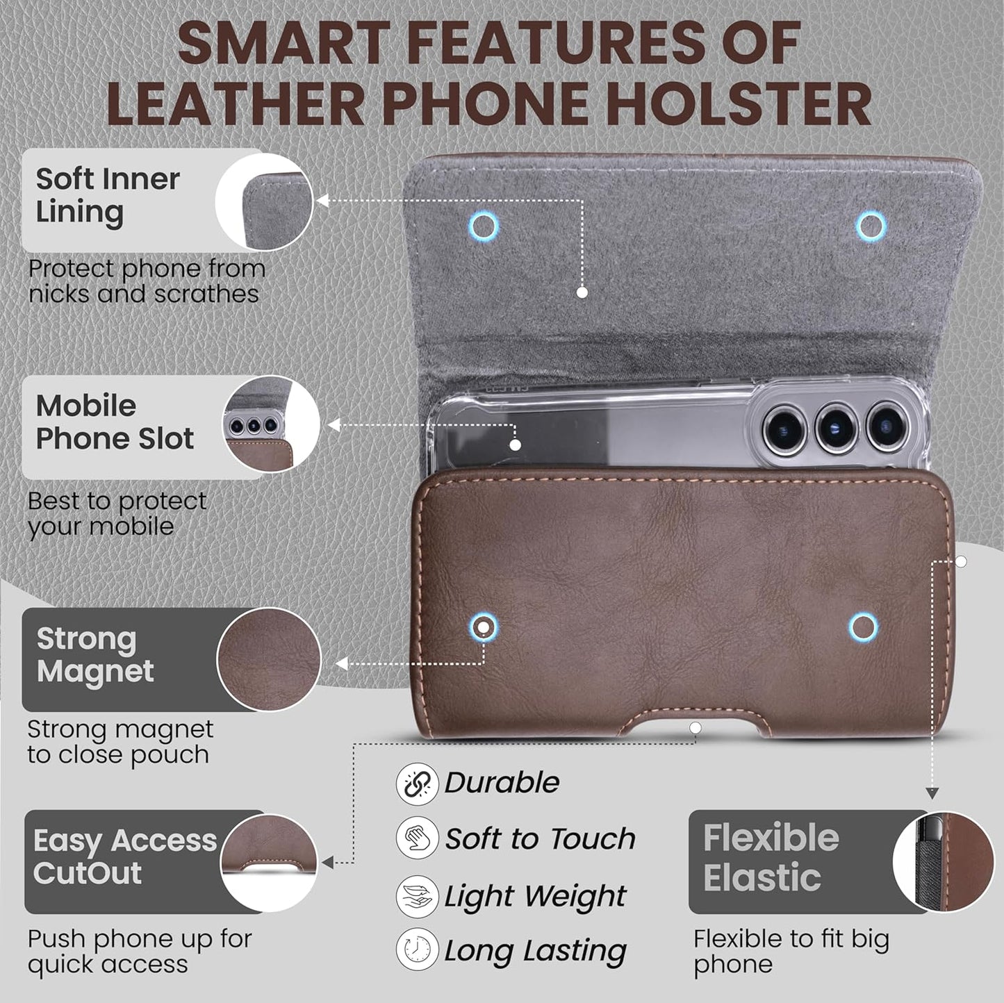 Leather Phone Holster for Men, Horizontal Cell Phone Case, Fits iPhone 17/17 Pro 16/16 Pro 16e 15/15 Pro 14/14 Pro 13/13 Pro 12/12 Pro 11 XR, Belt Clip Phone Pouch Holder, Brown Medium.