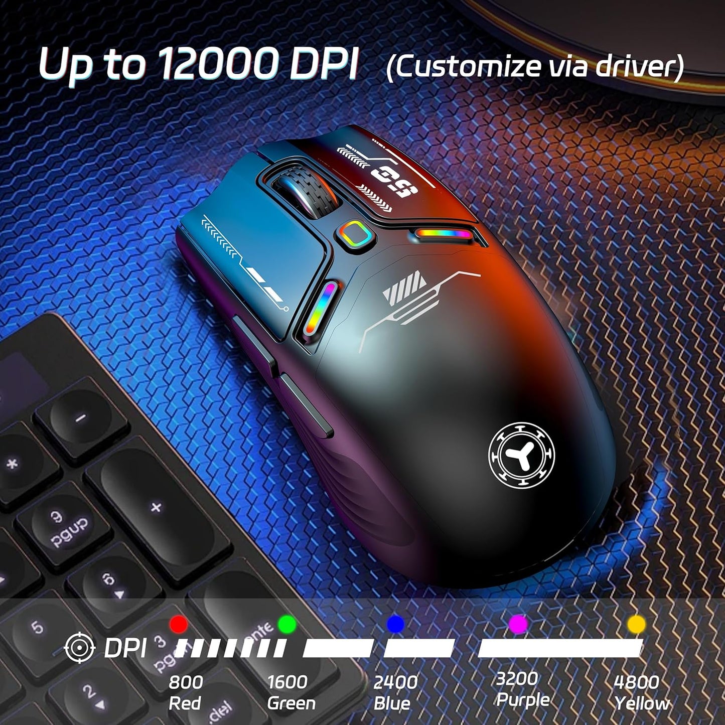 TENMOS M530 Wireless Gaming Mouse, 2.4G/Bluetooth/USB C Wired Rechargeable Mouse, 12000 DPI, RGB, 6 Programmable Buttons, Honeycomb Magnetic Cover, with Receiver Extender for Laptop/PC/Mac, Black