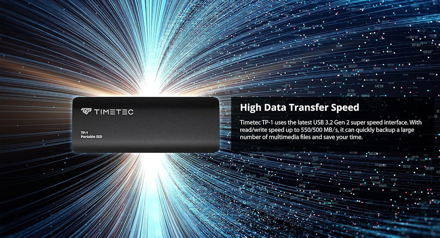 Timetec 1TB Portable External SSD USB3.2 Gen2 Type C Up to 550MB/s Ultra-Light Aluminum Mini External Solid State Drive with USB C to A Cable/USB A to C Adapter for Desktops/Laptop/Mac/Mobile - Black