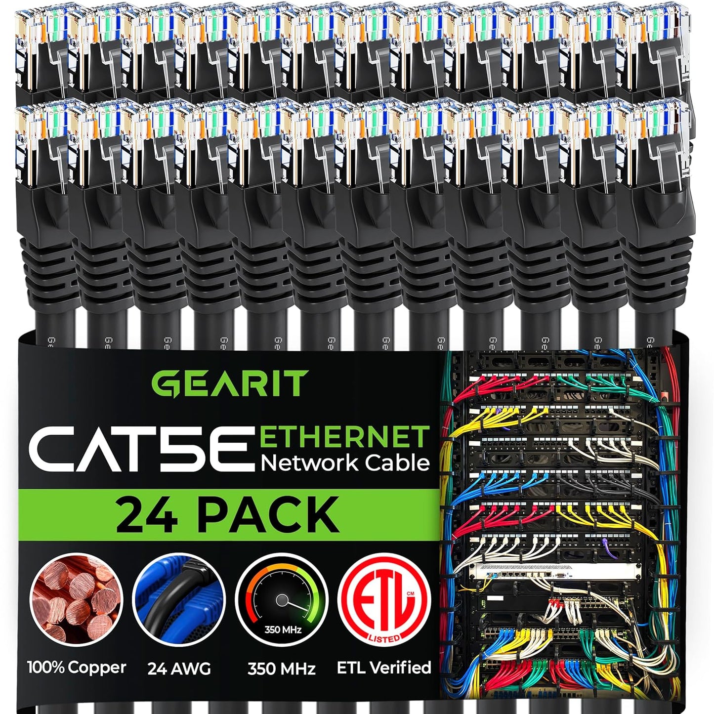 GearIt 24-Pack, Cat5e Ethernet Patch Cable 10 Feet - Snagless RJ45 Computer LAN Network Cord, Black