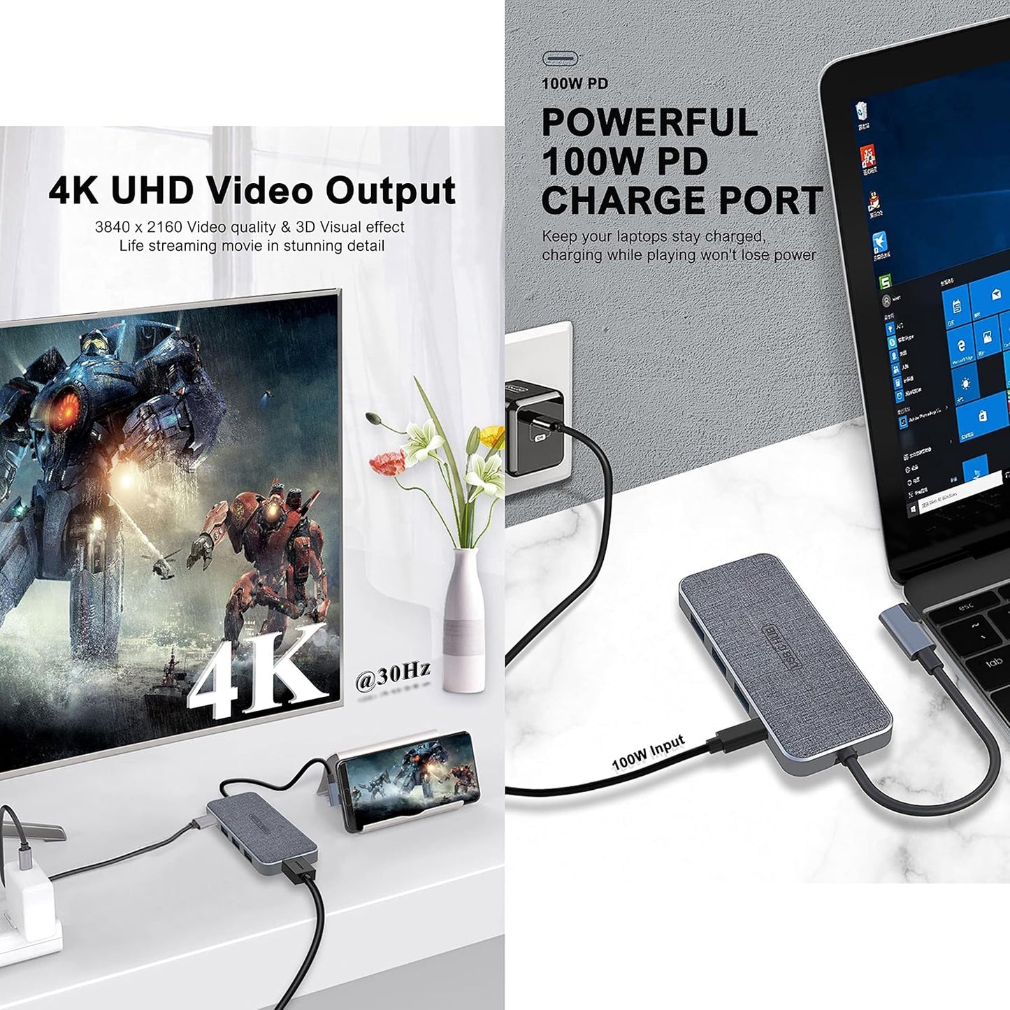 USB C Hub, ZSIMC 7-in-1 Docking Station Multiport Adapter with 4K HDMI, 100W Power Delivery, 3 USB 3.0 Ports, SD/TF Card Reader for MacBook Pro/Air, iPad Pro/Mini 6, Surface and More Type C Laptops