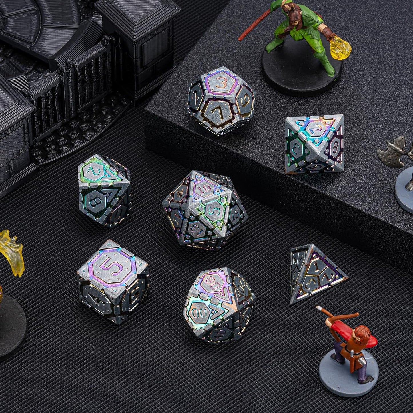 DND Metal Dice Set, Polyhedral Dice Set for RPG D&D Dice with Cracks Dungeons and Dragons Dice Set for RPG TTRPG D&D Die with Gift Case（Silver and Coloured Ink-1）