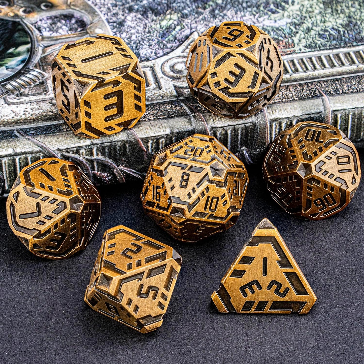 Metal DND Sci-fi Dice Set 7PCS Stripe Polyhedral Dice for Dungeons Dragons RPG Role Playing Game, Glitter D and D Dice with Gift Box D6 D8 D10 D12 D20 (Antique Gold)